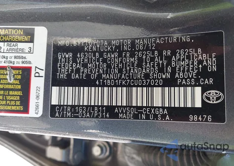 2012 Toyota Camry Hybrid Xle z USA, uszkodzony, nr VIN 4T1BD1FK7CU037020